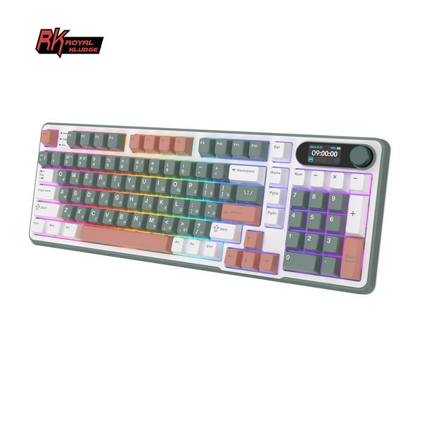 Полноразмерная (96%) механическая клавиатура Royal Kludge RK-S98 - 3 типа подключения, 98 клавиш, Top Mount, профиль PBT Cherry, цвет Camping, переключатели RK Chartreuse