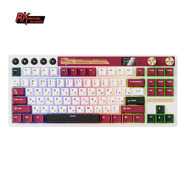 Классическая TKL (80%) механическая клавиатура Royal Kludge RK M87 - 3 типа подключения, 87 клавиш, Gasket Mount,  профиль PBT Cherry, цвет Famicom, переключатели RK Cream