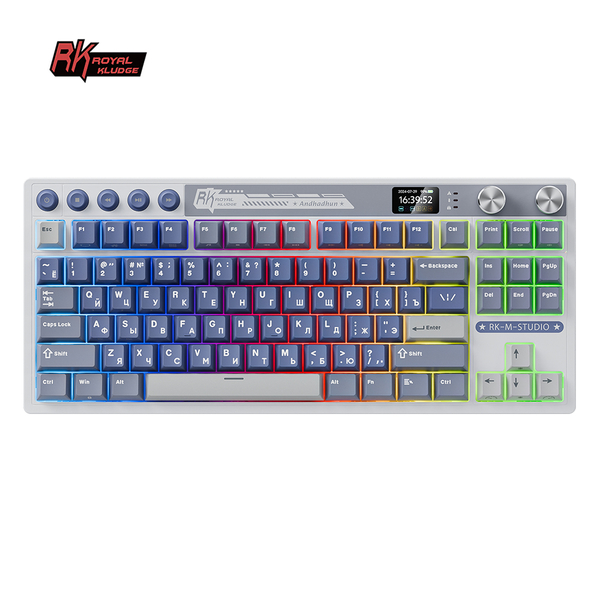 Классическая TKL (80%) механическая клавиатура Royal Kludge RK M87 - 3 типа подключения, 87 клавиш, Gasket Mount,  профиль PBT Cherry, цвет Ocean Blue, переключатели RK Beige