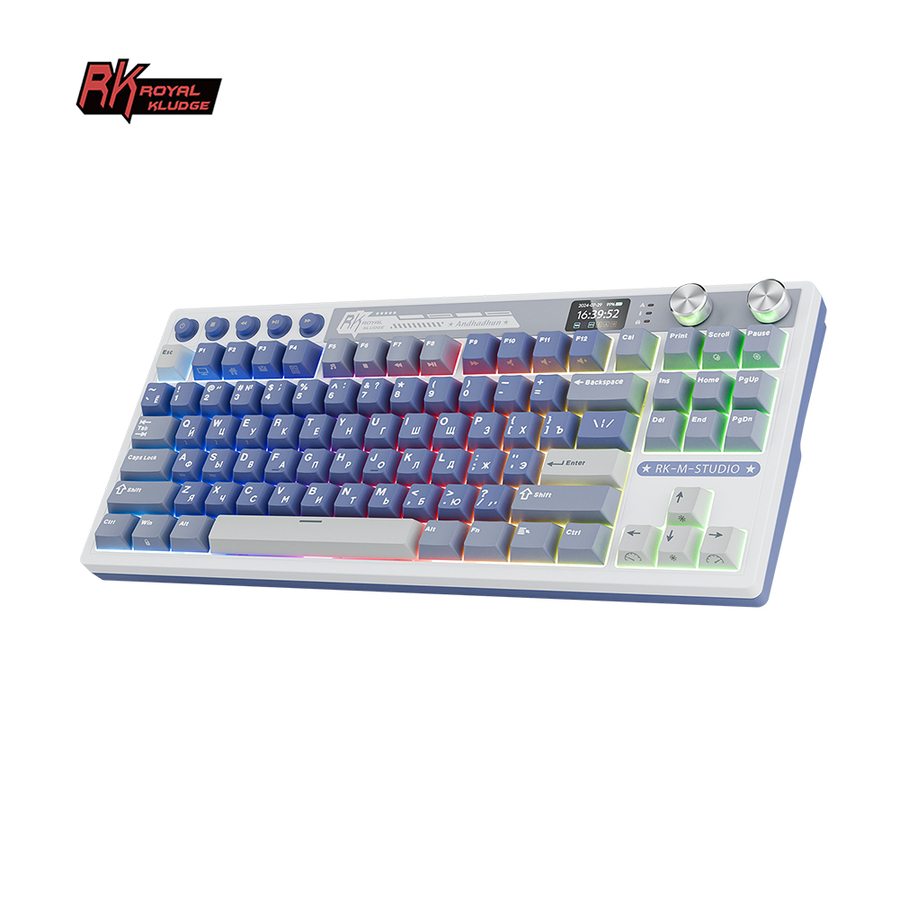 Классическая TKL (80%) механическая клавиатура Royal Kludge RK M87 - 3 типа подключения, 87 клавиш, Gasket Mount,  профиль PBT Cherry, цвет Ocean Blue, переключатели RK Beige