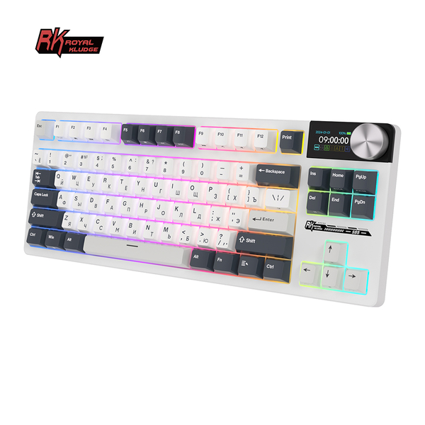 Классическая TKL (80%) механическая клавиатура Royal Kludge RK S85 - 3 типа подключения, 85 клавиш, Gasket Mount,  профиль PBT Cherry, цвет White Night, переключатели RK Cloud