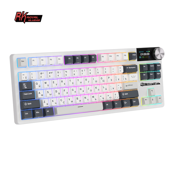 Классическая TKL (80%) механическая клавиатура Royal Kludge RK S85 - 3 типа подключения, 85 клавиш, Gasket Mount,  профиль PBT Cherry, цвет White Night, переключатели RK Beige