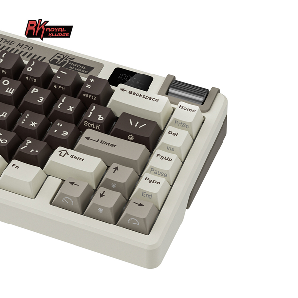 Компактная (75%) механическая клавиатура Royal Kludge RK M70 - 3 типа подключения, 73 клавиши, Gasket Mount,  профиль PBT Cherry, цвет Mokko Grey, переключатели RK Cream