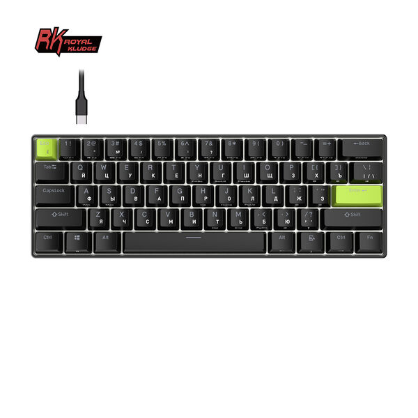 Ультракомпактная (60%) механическая клавиатура Royal Kludge RK C61 - проводная, 61 клавиша, цвет Black Green, магнитные переключатели RK Mint